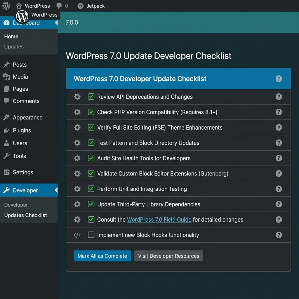 WordPress 7.0 Developer Update Checklist with mostly completed items and one remaining task